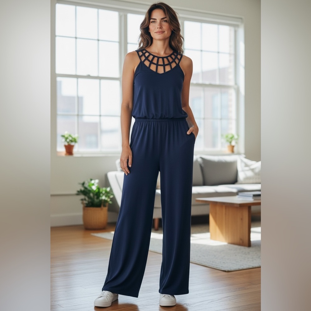 White House Black Market Navy Jumpsuit with Geometric Neckline